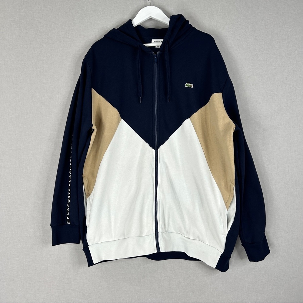 Lacoste Mens Hoodie 2XL Tall Blue Colorblock Lettered Fleece Full Zip Track